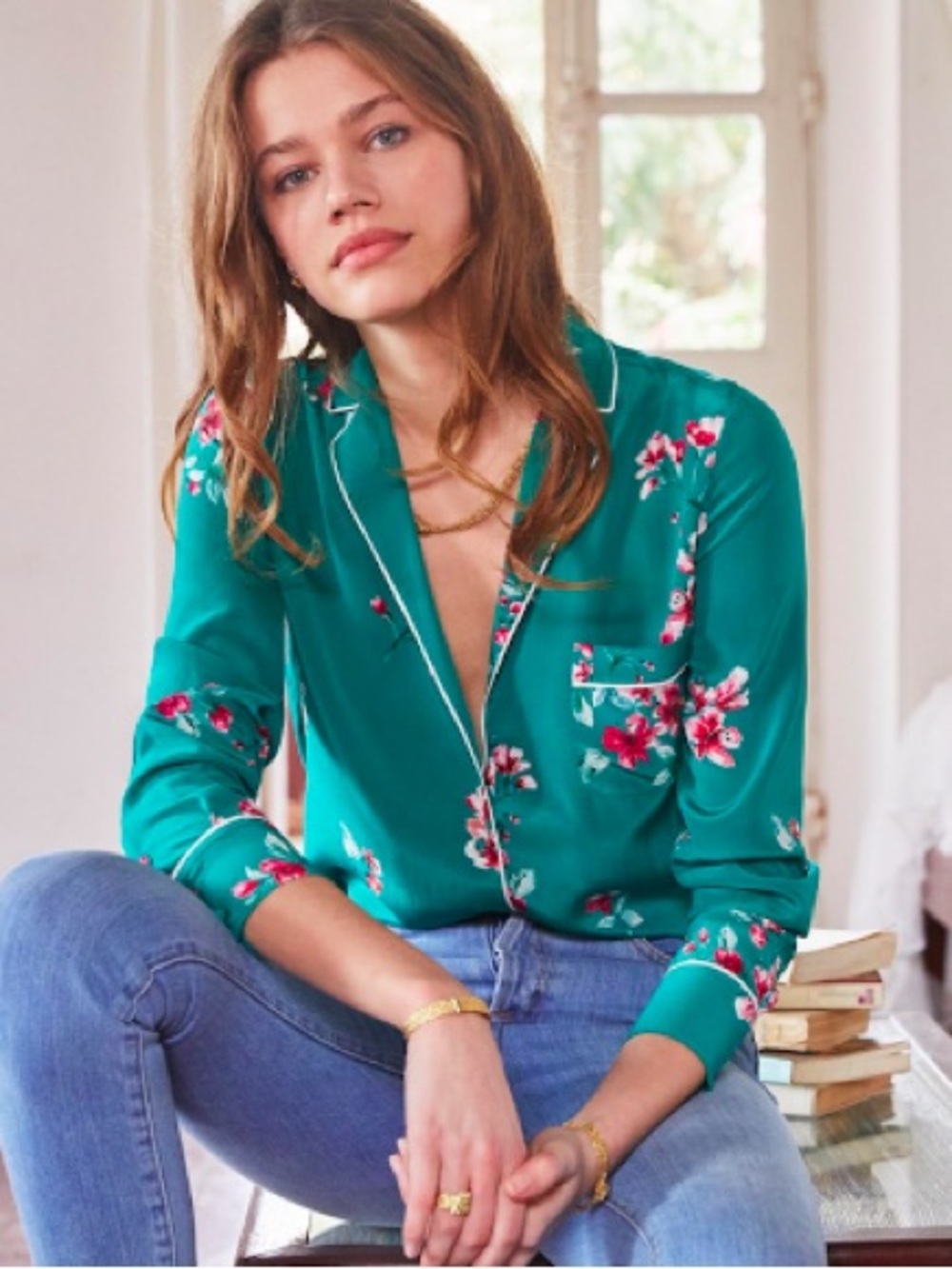 NWT Sezane Teal Floral Button-Down Blouse with White Piping